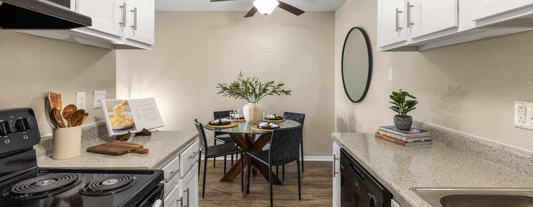 kitchen with white cabinets